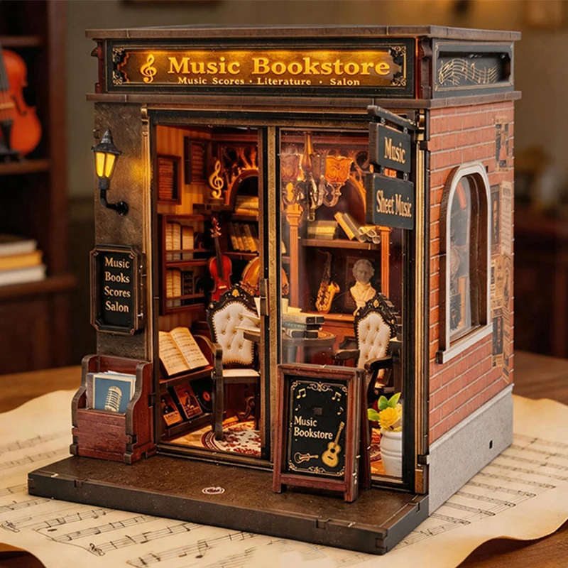DIY Wooden Miniature Model Kits Melody Classics Bookstore Cottage 3D Puzzle Dollhouse With Furniture for Friends Birthday Gifts