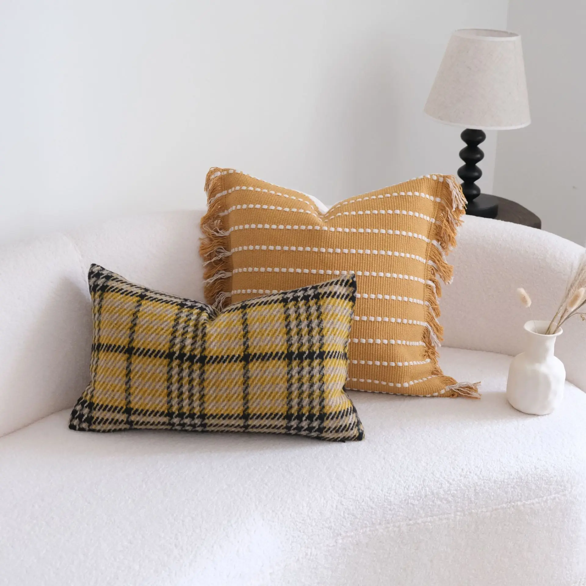 

Throw Cushion Cover Korean Style Yellow Plaid Fringed Lace Living Room Bedroom Sofa Comfortable Pillow Case Cover