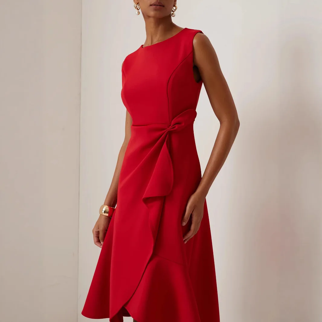 

2021 европейское и американское модное красное темпераментное платье без рукавов с круглым вырезом