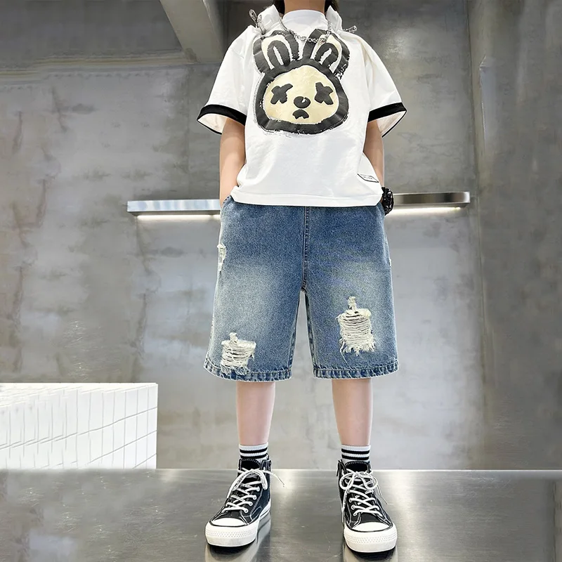 Boys Summer Straight Jeans 5-14 Years Kids Fashion Cool Ripped Denim Shorts Casual Loose Five-Point Sweatpants