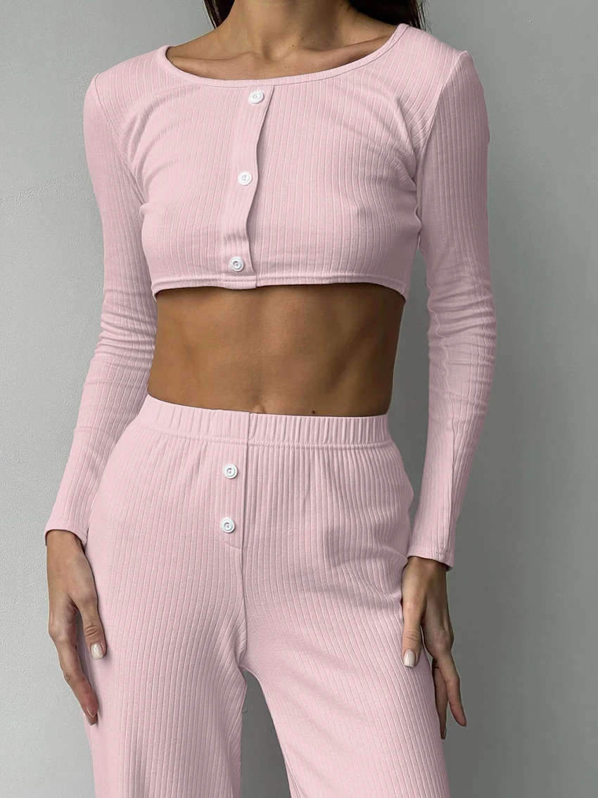 Marthaqiqi Home Clothes Women O-Neck Pajama Crop Top Nightwear Long Sleeve Sleepwear Pants Knitted Ladies Nightgowns 2 Piece Set