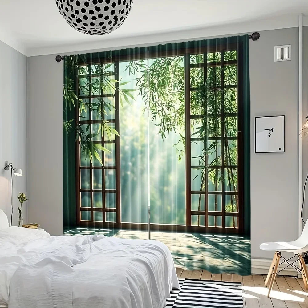 2PCS Digital Printed Curtains, Bamboo Forest Broken Window View Nature, Window Curtains for Living Room Bedroom Home Decoration