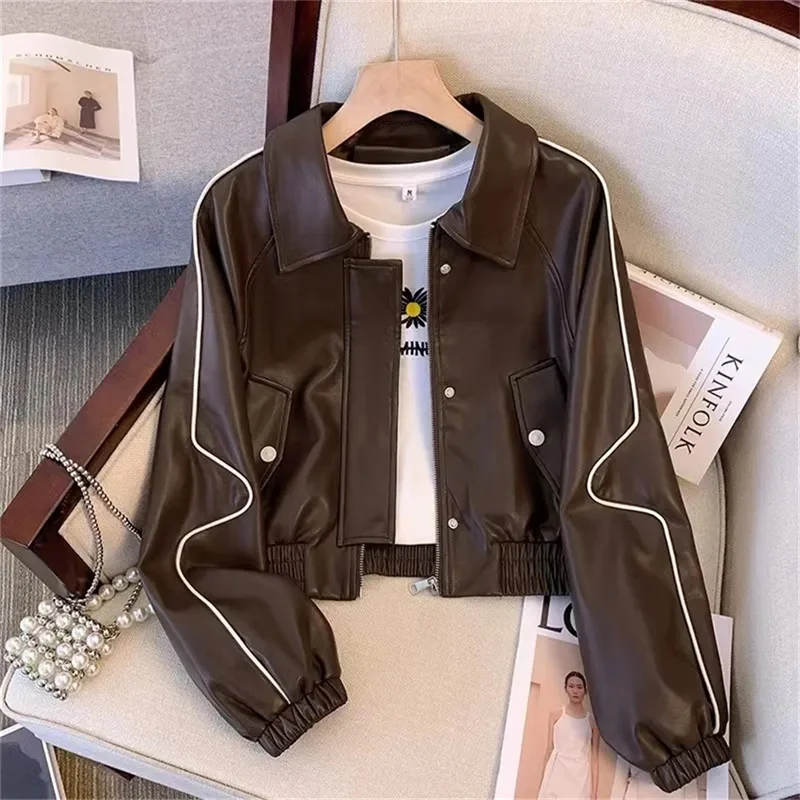 Short Washed Leather Jacket For Women, Versatile And Stylish, Loose Fit, Baseball Jacket, Motorcycle Jacket, Trendy Coffee color