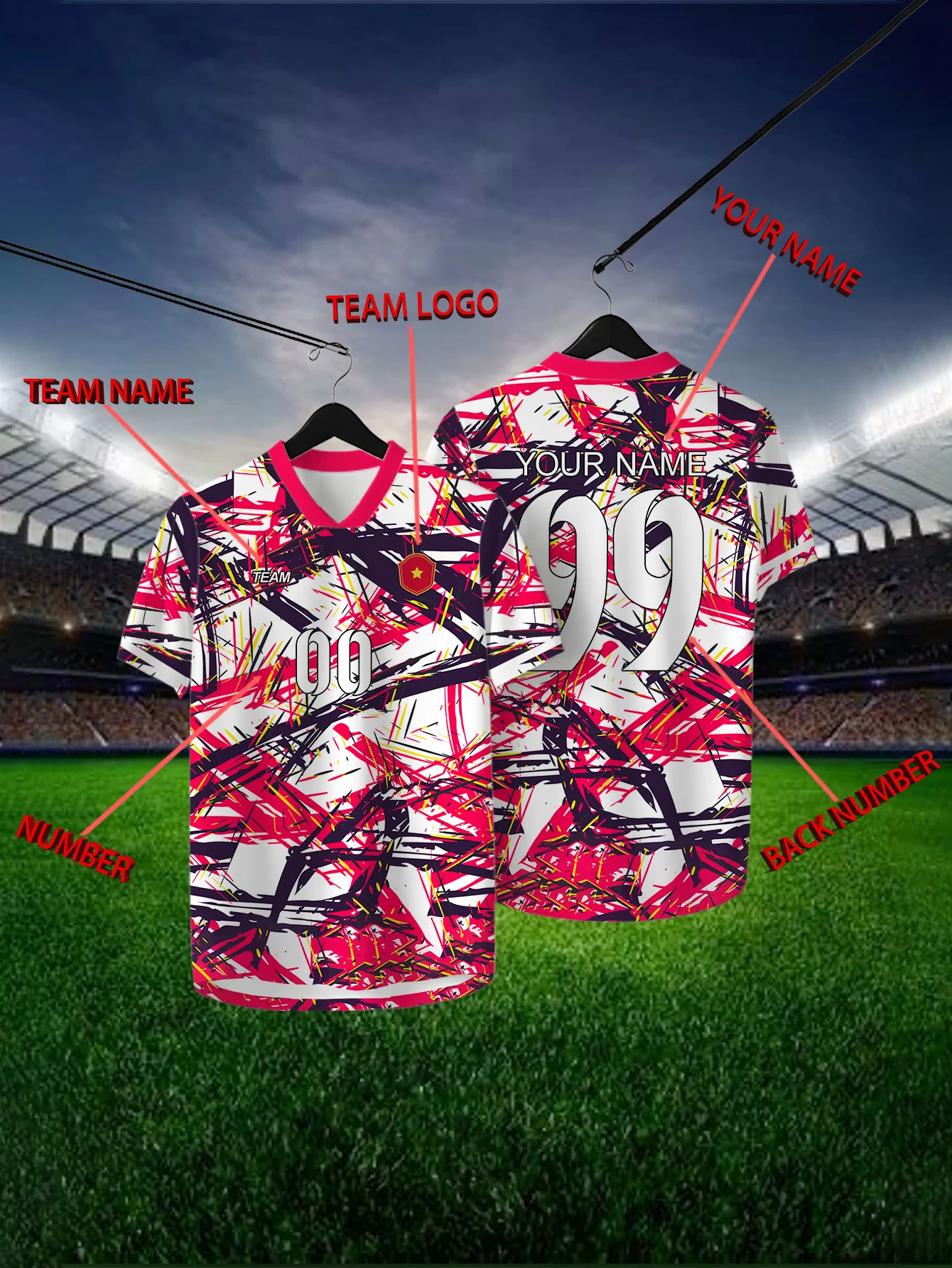 

Customized Geometric Multi-color Short Sleeved Shirt with Team Name, Emblem, Name and Number, Outdoor Sports Short Sleeved Shirt