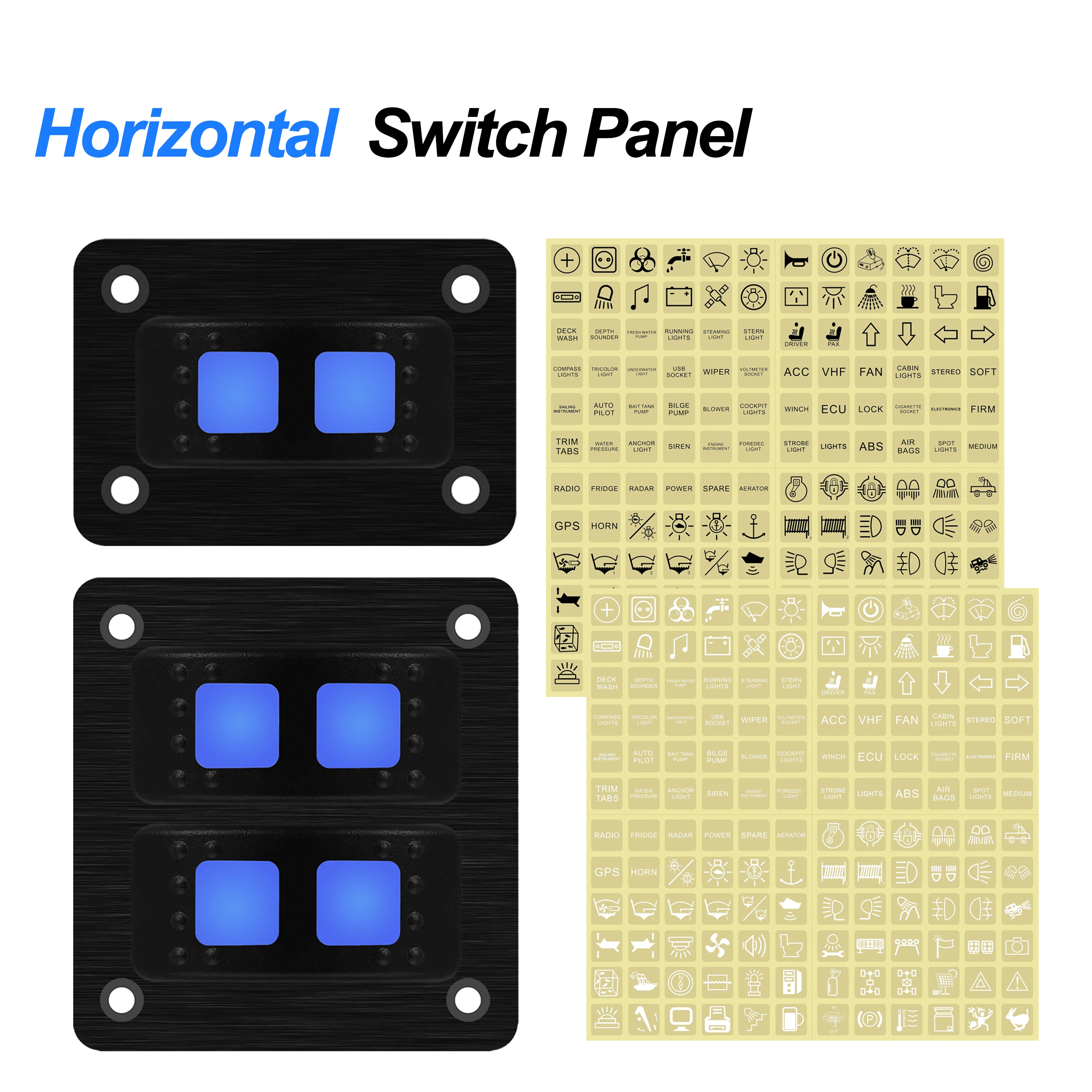 Pre-wired Horizontal Rocker Switch Panel 7Pin DPDT ON OFF ON Blue Led Waterproof IP68 With Extended Cables