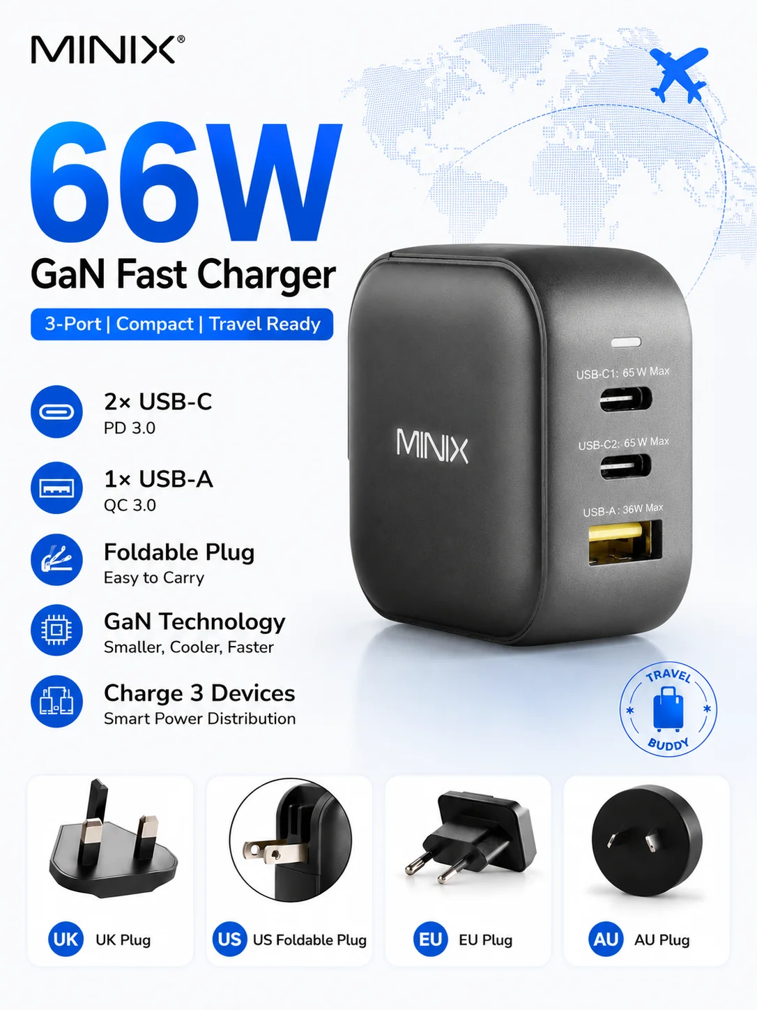 MINIX P1 66W USB-C Charger Travel with Multi Plugs EU/US/AU/UK for MacBook, iPhone, Samsung, and More