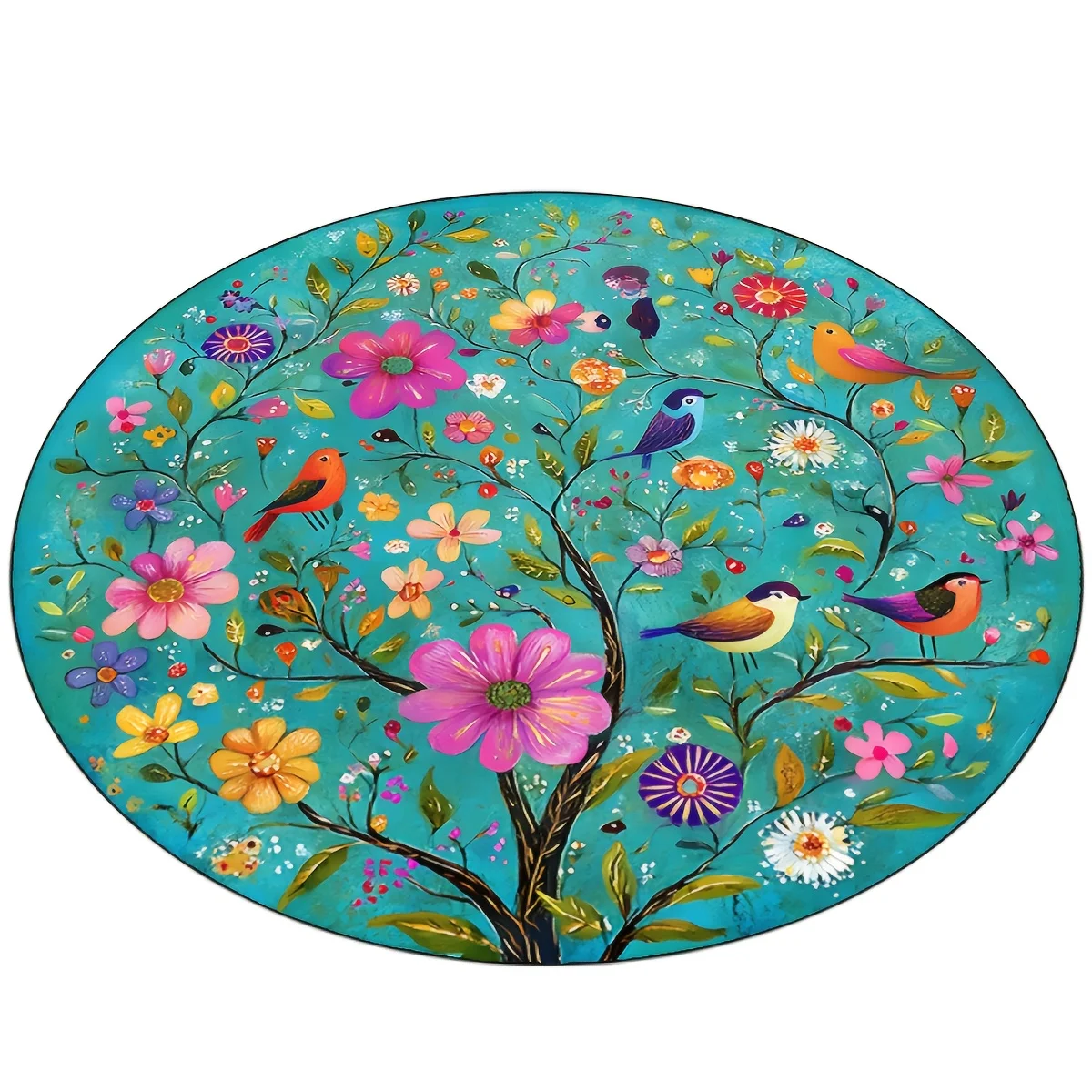 Colorful Bird Flower Tree Oval Rug Flannel Printed Carpet Nature Theme Home Decor Cozy Soft Floor Mat Living Room Indoor Use