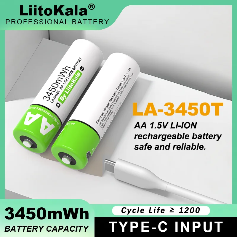 LiitoKala-بطارية ليثيوم كبيرة السعة قابلة لإعادة الشحن ، AA ، Type-C ، USB ، شحن سريع للماوس ، لعبة ، 3450mWh