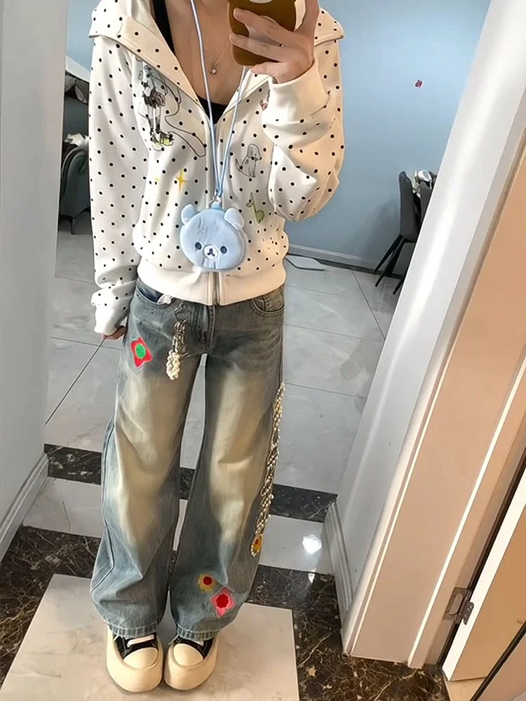 

Spring New Sle Women's Embroidered Fleaded Denim Pants Loose High Waist Wide Leg Straight Cut Resistant Wear