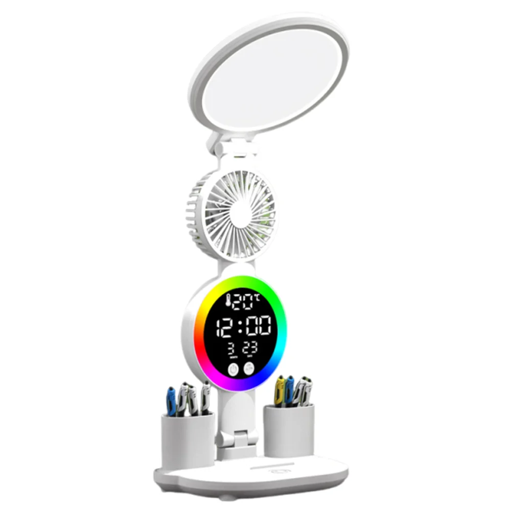 

3 Colors LED Table Lamp Touch Dimming USB Penholder Desk Lamp with Fan&Time Date Energy-Efficient Tabletop Reading Lamp Student