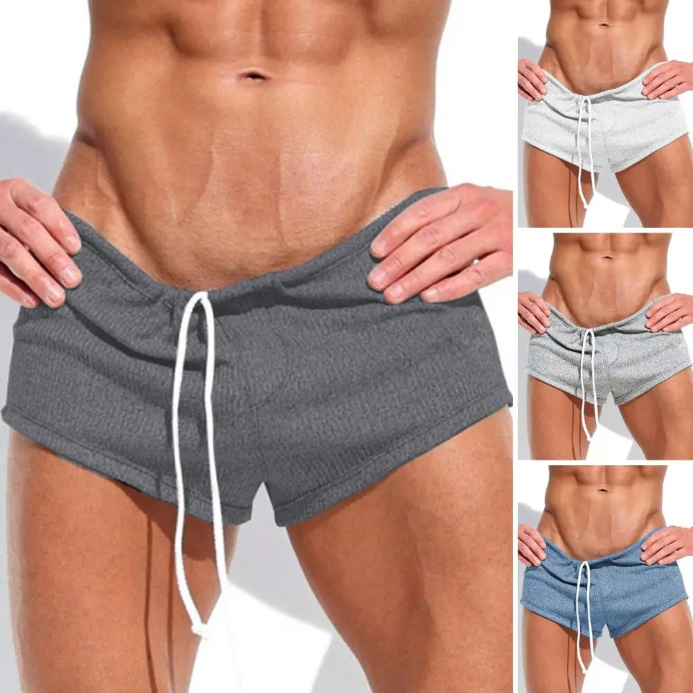 Lightweight Breathable Men Shorts Elastic Waist Men\'s Casual Shorts Adjustable Drawstring Solid Color Loose Fit for Gym Running