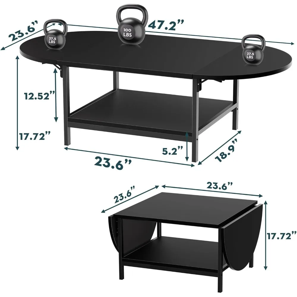 Black Coffee Table Modern Extended Coffee Tables with Storage for Living Room 2-Tier Unique Center Table with Two Folding Panel