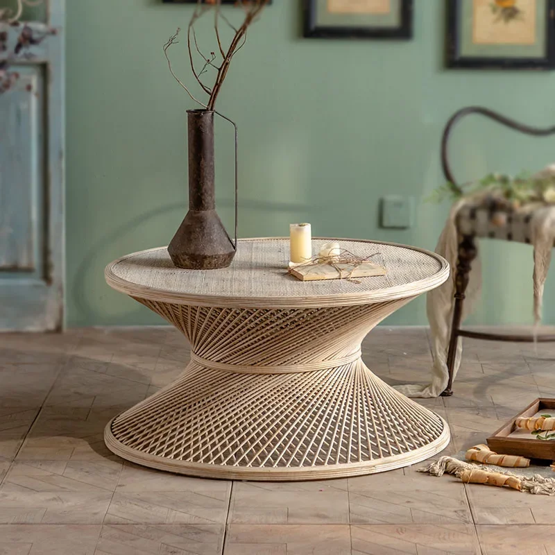 Retro Style Woven Small Round Table B&B Hotel Lobby Side Table Modern Simple Rattan Small Coffee Table Furniture Living Room