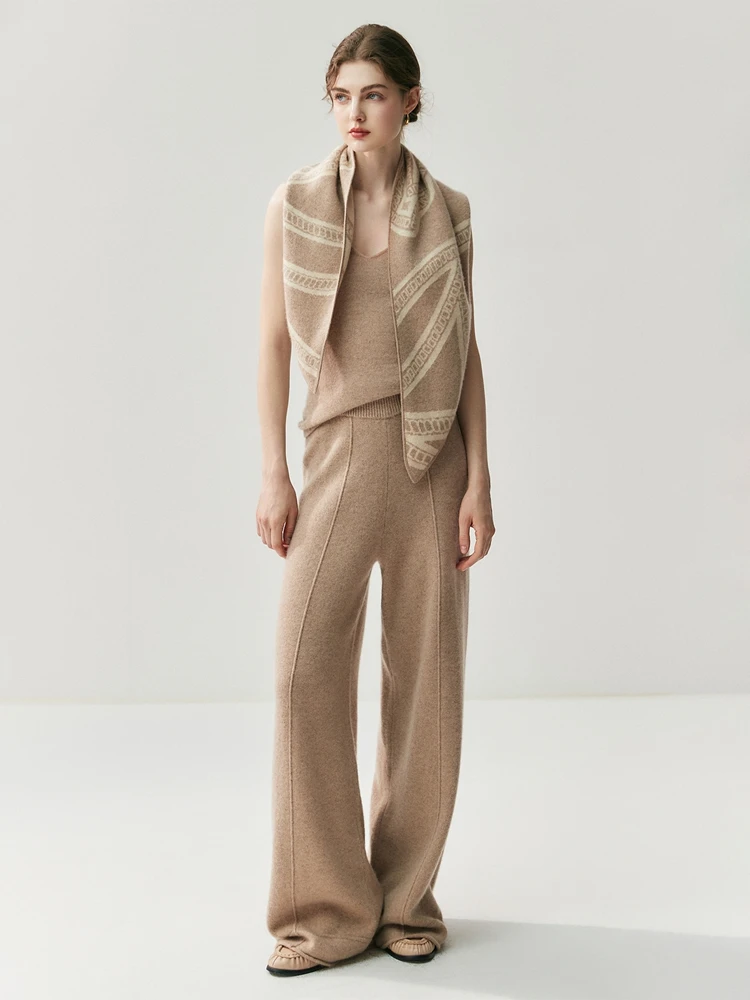 

New Chic Autumn Winter Women's Elastic Waist Wide Leg Pants 100% Cashmere Knitted Trousers Grace Luxury Casual Cashmere Pants