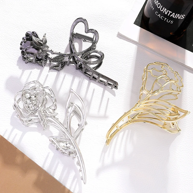 Flower Shaped Shark Clip Large Metal Rose Floral Hair Claw Alloy Ponytail Clip Delicate Hair Accessories Rhinestone Decoration