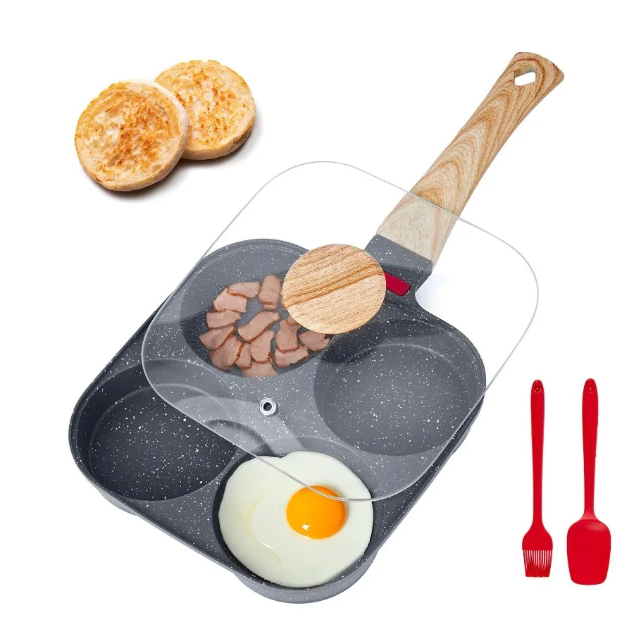 

Egg Pan, 4-Cup Nonstick Egg Frying Pan, Aluminum Breakfast Omelette Skillet for Pancakes, Hamburgers, Sandwiches, with Lid, Oil