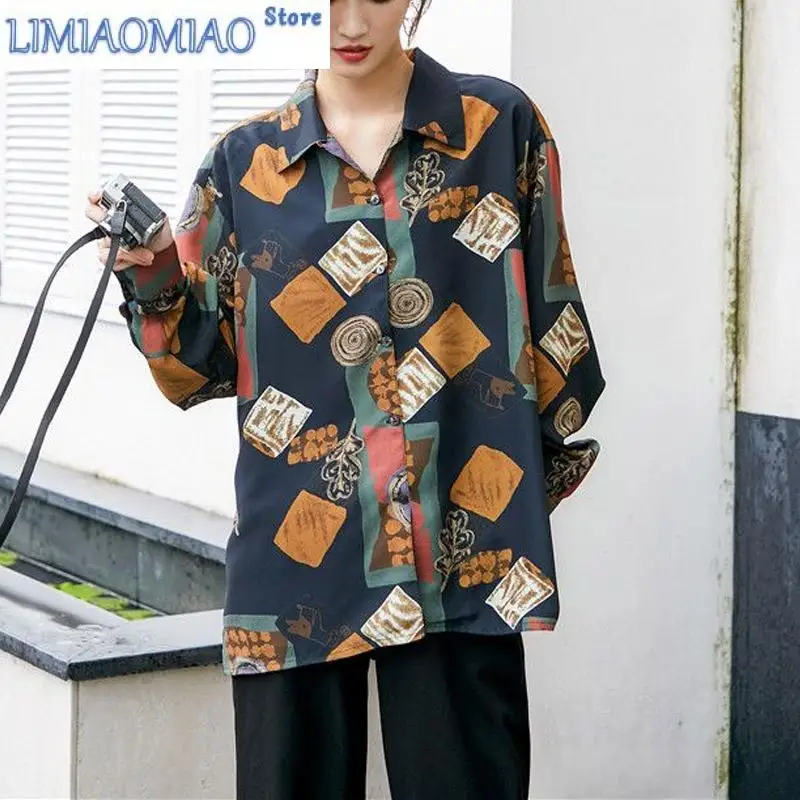

Vintage Hong Kong Breeze Loose Printing Blouse Women New Spring Autumn Classic Long Sleeve Polo Collar All-match Lady Shirt