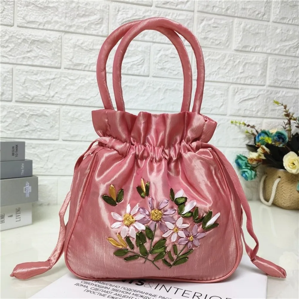 Embroidered Flower Pattern Women Bucket Bag Small Phone Bag Ladies Handbag Dacron National Style Top Handle Bag