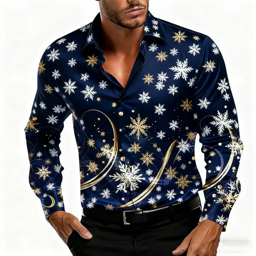 New Christmas Men's Christmas Scene Printed Shirt - Snowflake Casual Fashion Roundneck Buttoned Long-Sleeved Party Autumn Shirt
