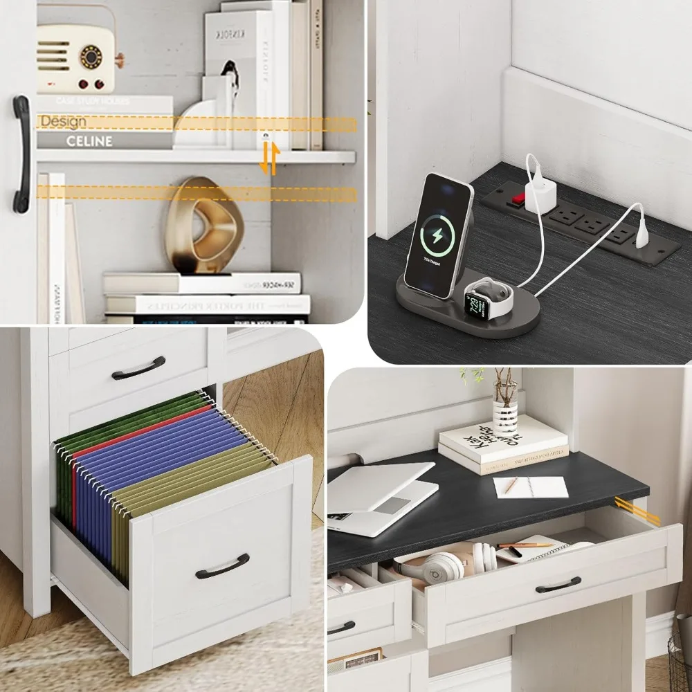 مكتب تنفيذي مزود بخزانة، و4 أدراج، وإضاءة LED، وخزانة تخزين، وأدراج الملفات، ومحطة شحن