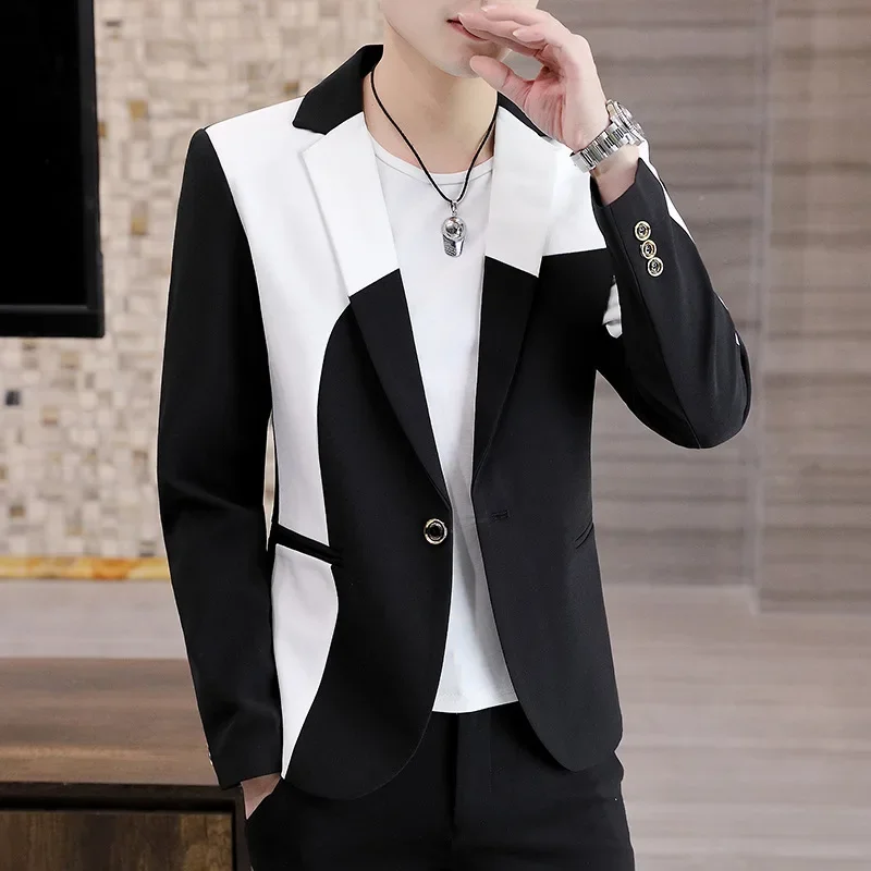 HOO 2024 Spring and Autumn Men\'s Color Matching blazer Youth Slim Fit Casual Trend Handsome Stitching  blazer