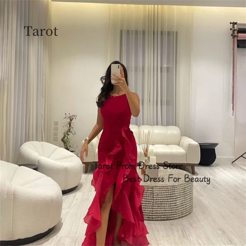 

Tarot Red Boat Neckline Prom Dresses Mermaid Sleeveless Ruffle Bodice Women Wear Dress Side Split Pleated Formal فساتين سهرات