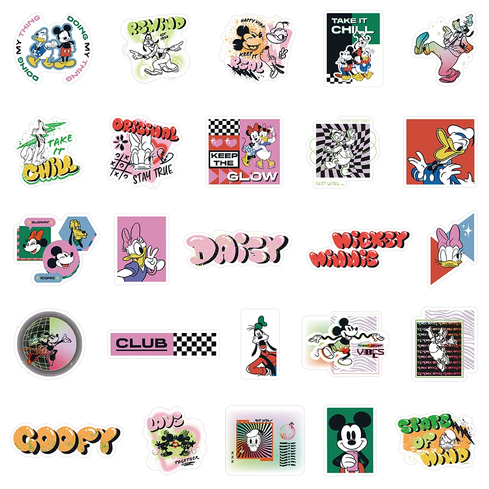 50pcs Cartoon Disney Genuine Happy Mickey Image and Text Toy Sticker DIY Mobile Phone Computer Suitcase Luggage Sticker