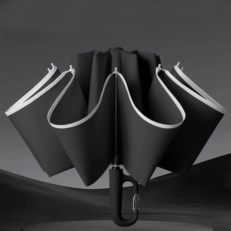 

Automatic Reverse 3-Folding Umbrella,105cm Thickening,Password Lock Anti-theft Ring Buckle,Reflective Rain Gear At Night,10Bones