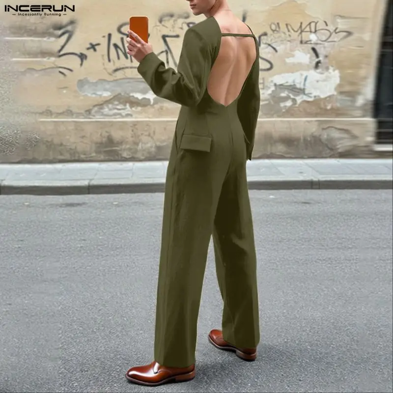 

INCERUN Men Jumpsuits Solid Color V Neck Long Sleeve Button Casual Male Rompers Streetwear Backless Hollow Out Fashion Overalls