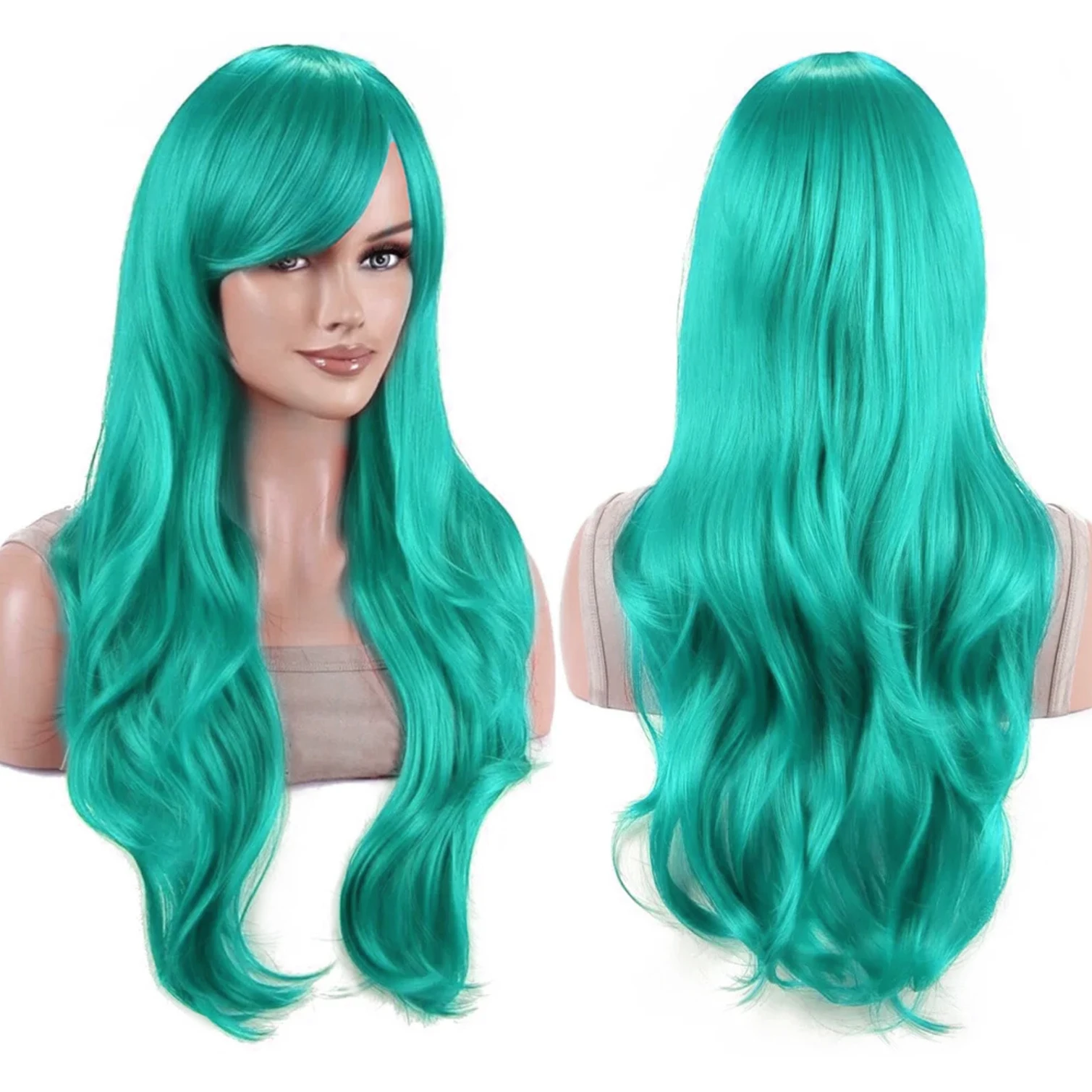 Peluca de Cabello Sintético Ondulado Color Verde Azulado Vibrante para Cosplay de Lolita, Anime Hatsune Miku, Halloween, Disfraz de Michiru Kaioh para Mujer