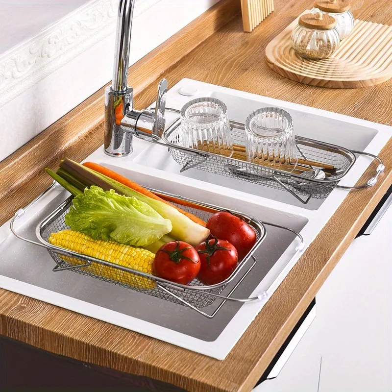 1pcFilter basket over stainless steel sink with retractable handle - metal mesh screen for cleaning fruits and vegetables