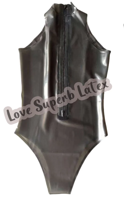 Transparent Black Latex Bodysuit Sexy Latex Gummi Catsuit Swimsuit Leotard Zip till Back Waist
