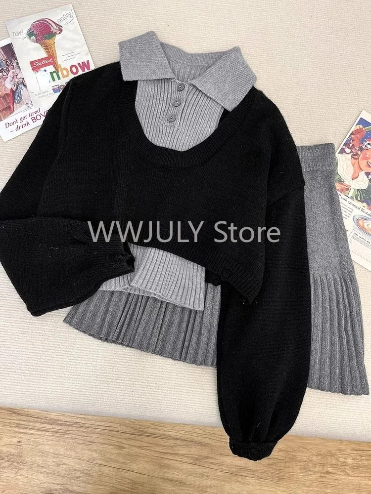 Woman Harajuku Knitted 3 Piece Set Spicy Girls Slim Vest + Black Short Tops + Y2k E-girls Mini Skirt Korean Fashion Suit Chic