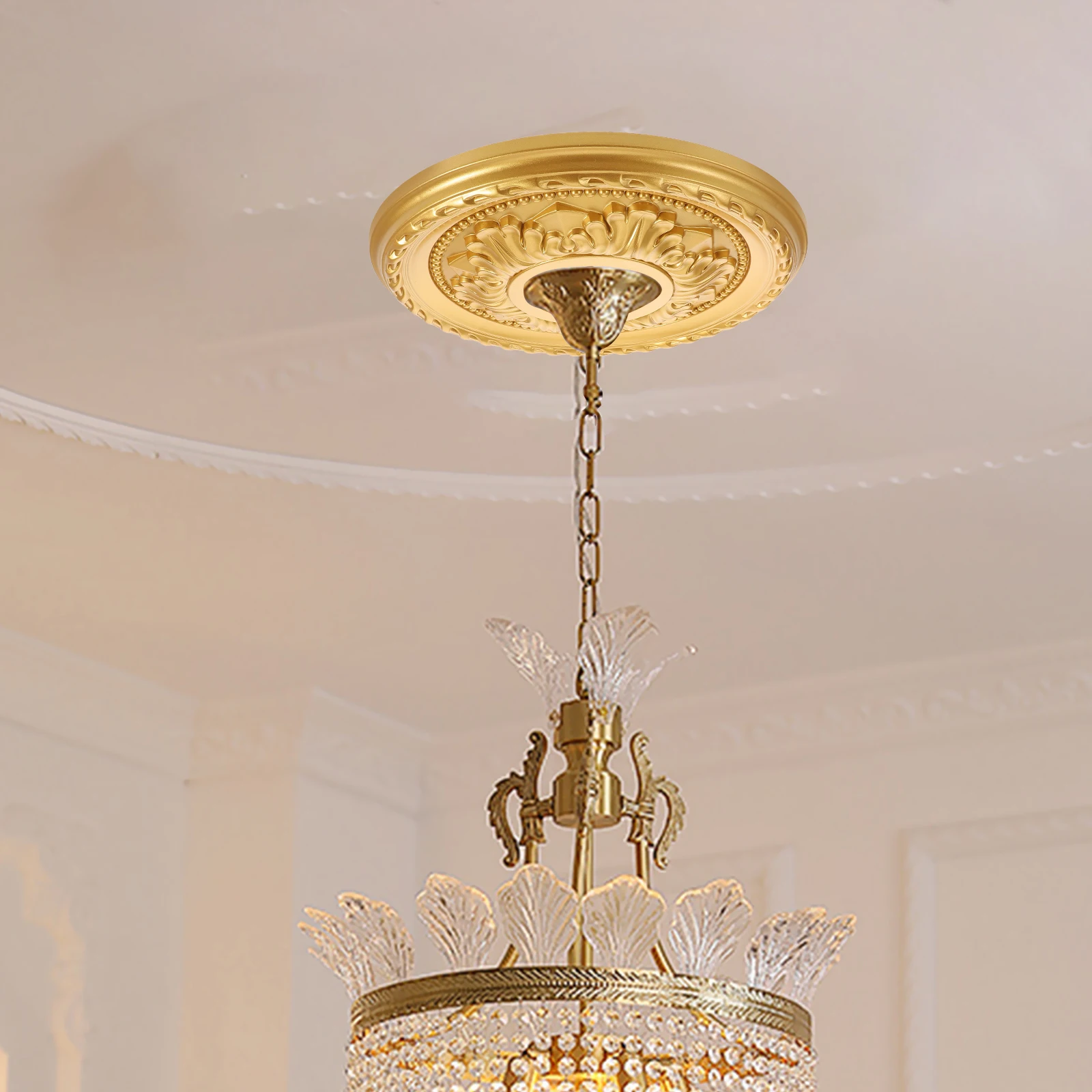 Goldene Runde Deckenrosette Stahlverstärkte PU-Dekorative Deckenplatte Einfache Installation Heim Schlafzimmer Wohnzimmer Beleuchtung