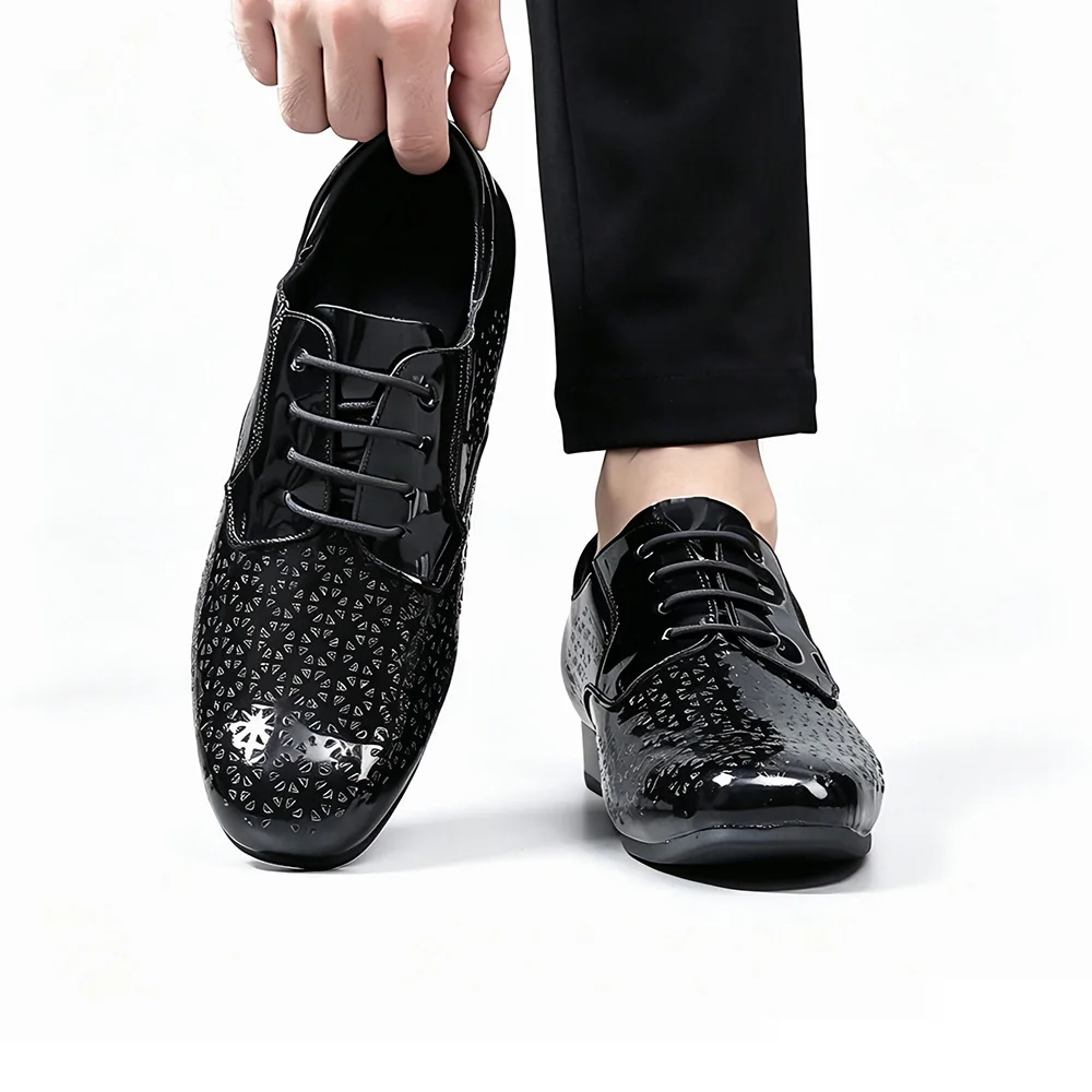 Men Professional Latin Ballroom Dance Shoes Genuine Cowhide Matte/Gloss Black 2.5/3.5cm Heel Breathable Rubber Sole Dance Sneake
