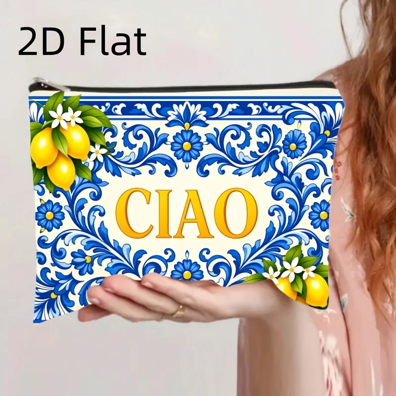 Image of Canvas-Material Doppelseitig Bedruckte Frische Vintage-Stil Italienische Zitronen-Kosmetiktasche mit Leinenbasis und Blau-Weißem Keramikfliesen-Muster