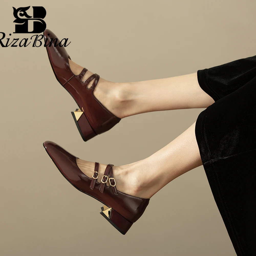 

RIZABINA Women Square Toe Pumps Genuine Leather Chunky Heel Casual Shoes Fashion Buckle Mary Jane Shoes Elegant Dress Footwear