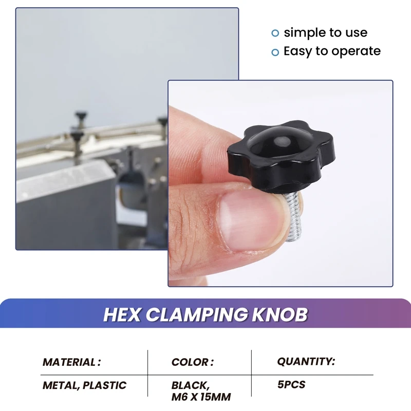 5 Pcs M6 X 15Mm Male Thread 25Mm Hex Shaped Head Clamping Knob Black