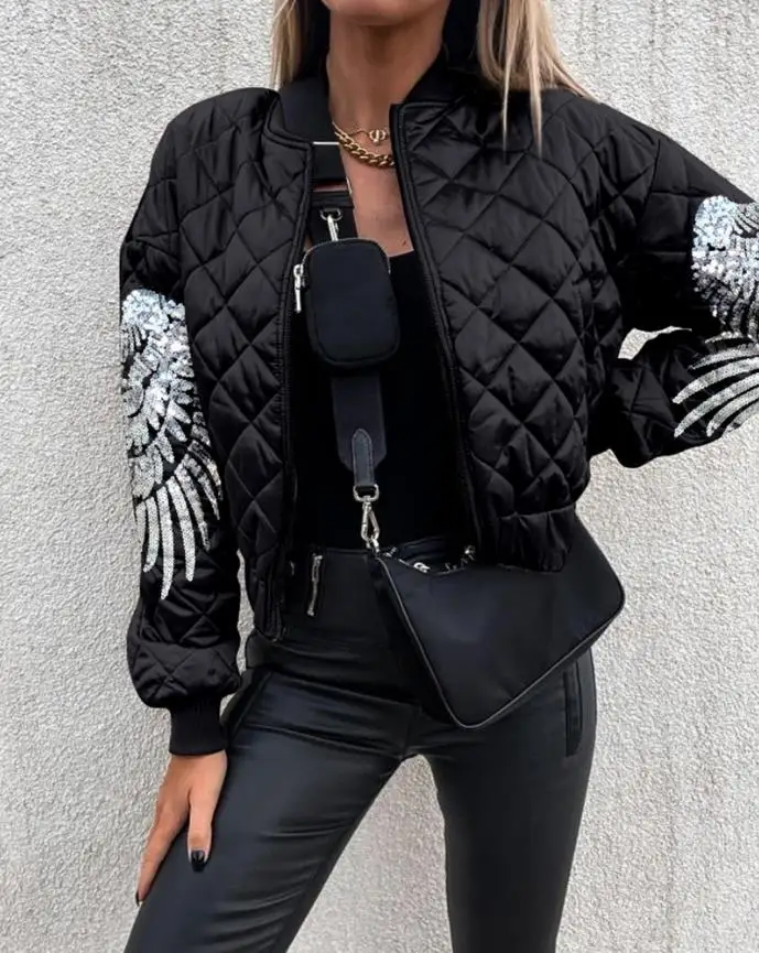 Chaqueta corta de lujo con lentejuelas en contraste para mujer, pantalones cortos acolchados con patrón de alas de Ángel, Top de otoño e invierno,