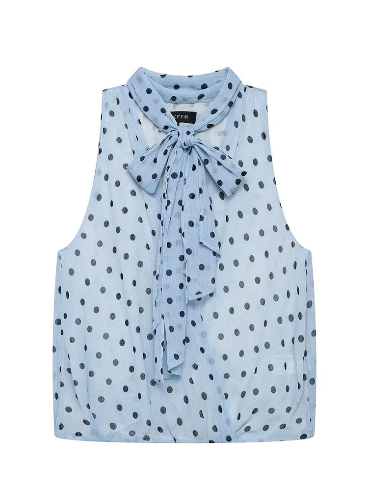 HH Women Summer Spring Vintage Feminine Light Blue Polka Dot Blouse Spring Tie Neck Wrap Front Sleeveless Chiffon Top For Daily