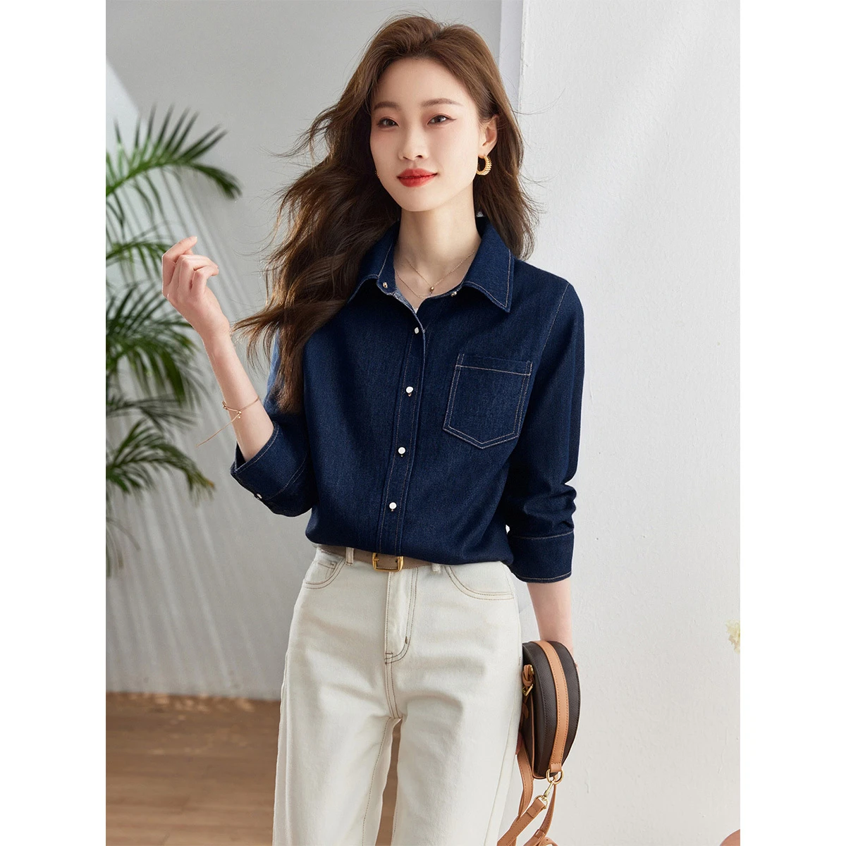 

VIMLY Women's Dark Blue Shirts Casual Polo Neck Vintage Clothing Blouse Winter 2025 New Pocket Long Sleeve Woman Shirts V8780