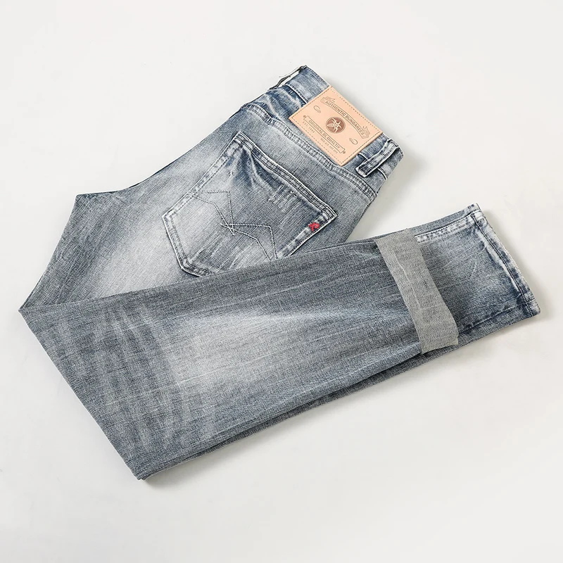 Newly Designer Fashion Men Jeans High Quality Retro Gray Blue Elastic Stretch Slim Ripped Jeans Men Vintage Denim Pants Hombre