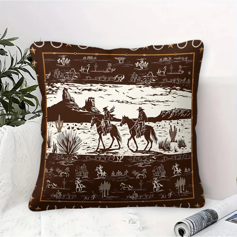 45x45cm-1Pc Microfiber Square Throw Pillow(With Pillow Insert),Ultra-Soft,Western Cowboy Print Retro Cushion For Sofa Bedroom