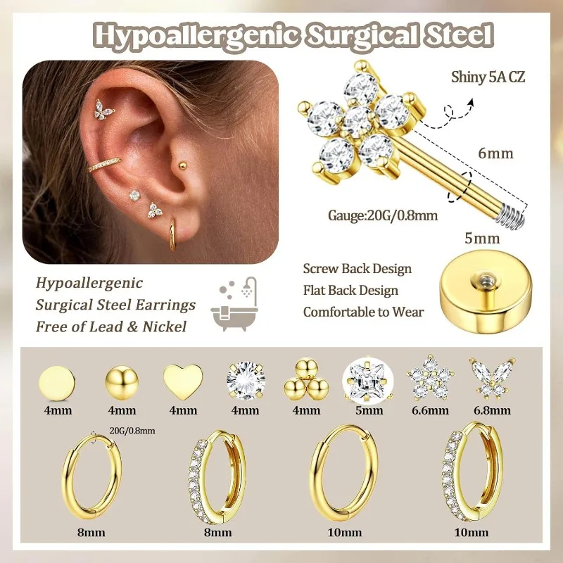 12 Pairs Hypoallergenic Gold Stud Hoop Earrings for Women Girls Surgical Flat Back Tiny 14K Gold Huggie Hoops Cartilage Earring
