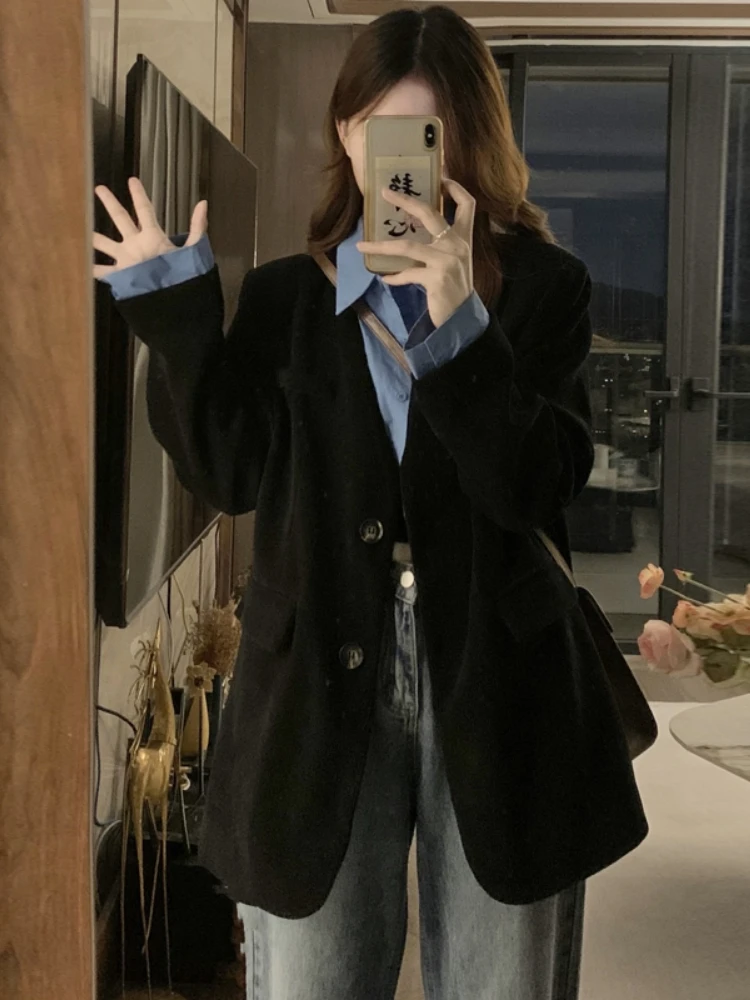 

Black Loose Korean Style Spring Autumn Women's Suit Jacket plus Size Casual Lapel Long Sleeve Single Button Closure Coat