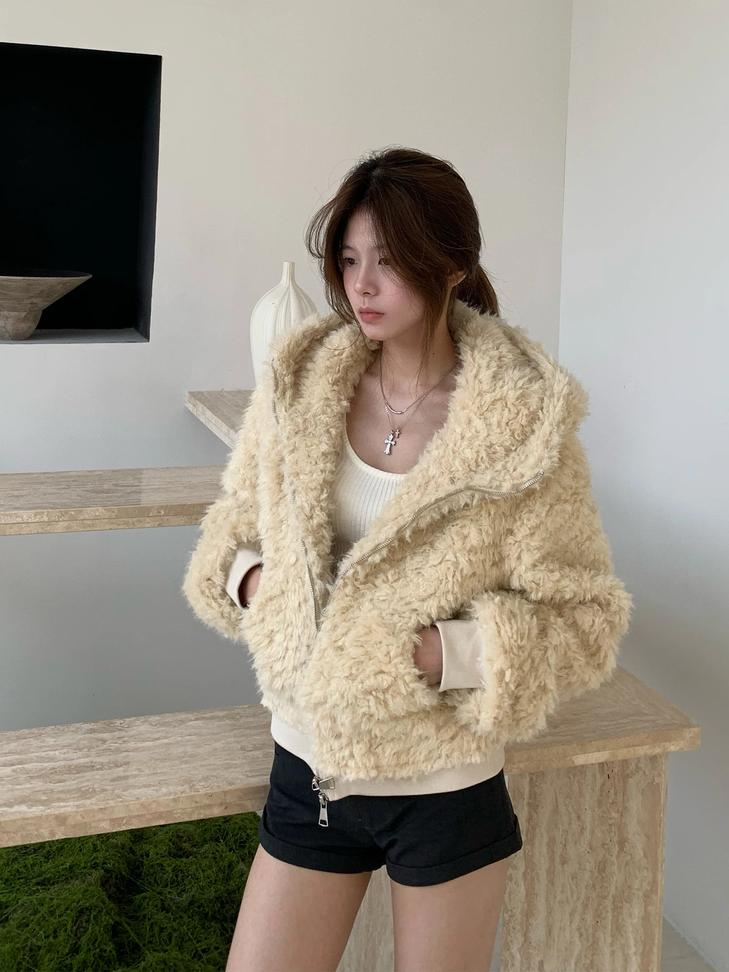 

Корейская утепленная куртка E7Q8 с капюшоном из овечьего меха, женская повседневная универсальная теплая верхняя одежда с длинными рукавами, хлопковое пальто на молнии