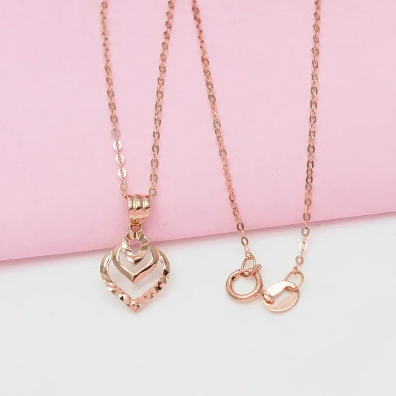 Colar de pingente de coração duplo 14K ouro rosa Clavícula Cadeia Jóias, 585, simples charme chapeado, design clássico, moda clássica