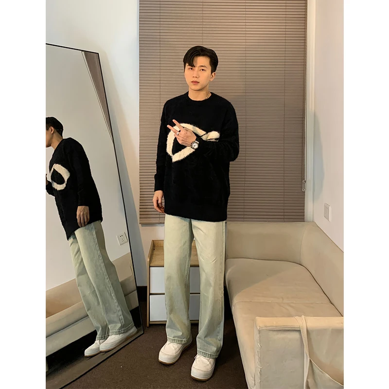 

Autumn Winter Men's Elastic Denim Jeans Yellow Mud Color Flared Straight Leg Pants Trendy High Waist Zipper Fly Casual Jeans