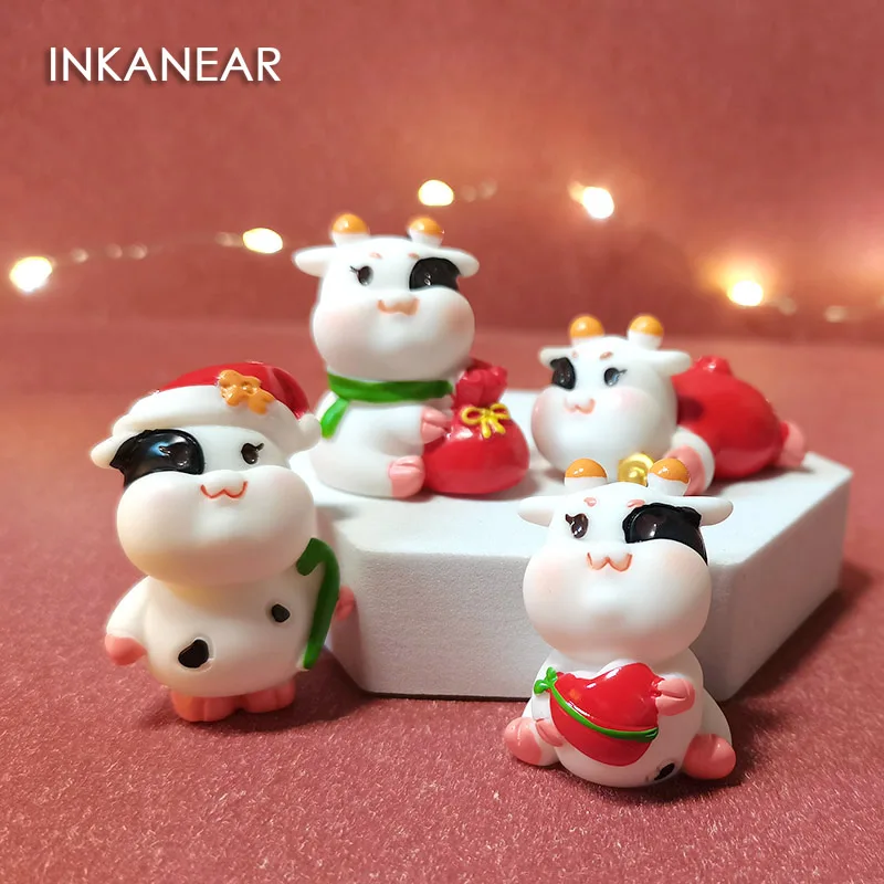 INKANEAR Small Christmas Tress White Cow 4cm Toy Gift Fairy Garden Miniatures Dollhouse Ornament Desk Festival Decoration