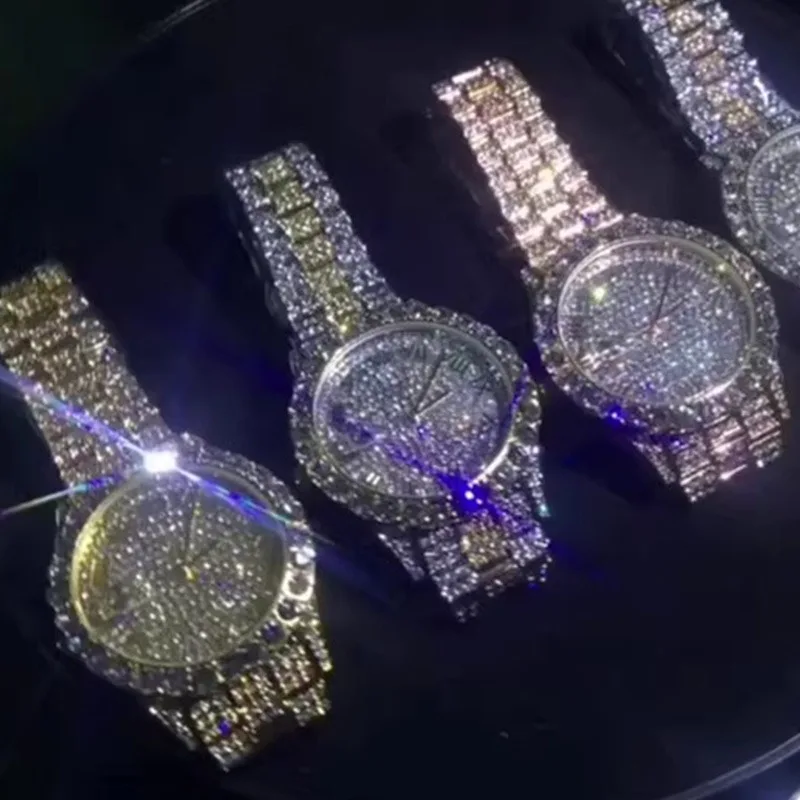 新しいファッション高級フルラインストーン腕時計男性用ヒップホップカレンダークォーツ時計男性腕時計エレガントな腕時計女性用ギフト
